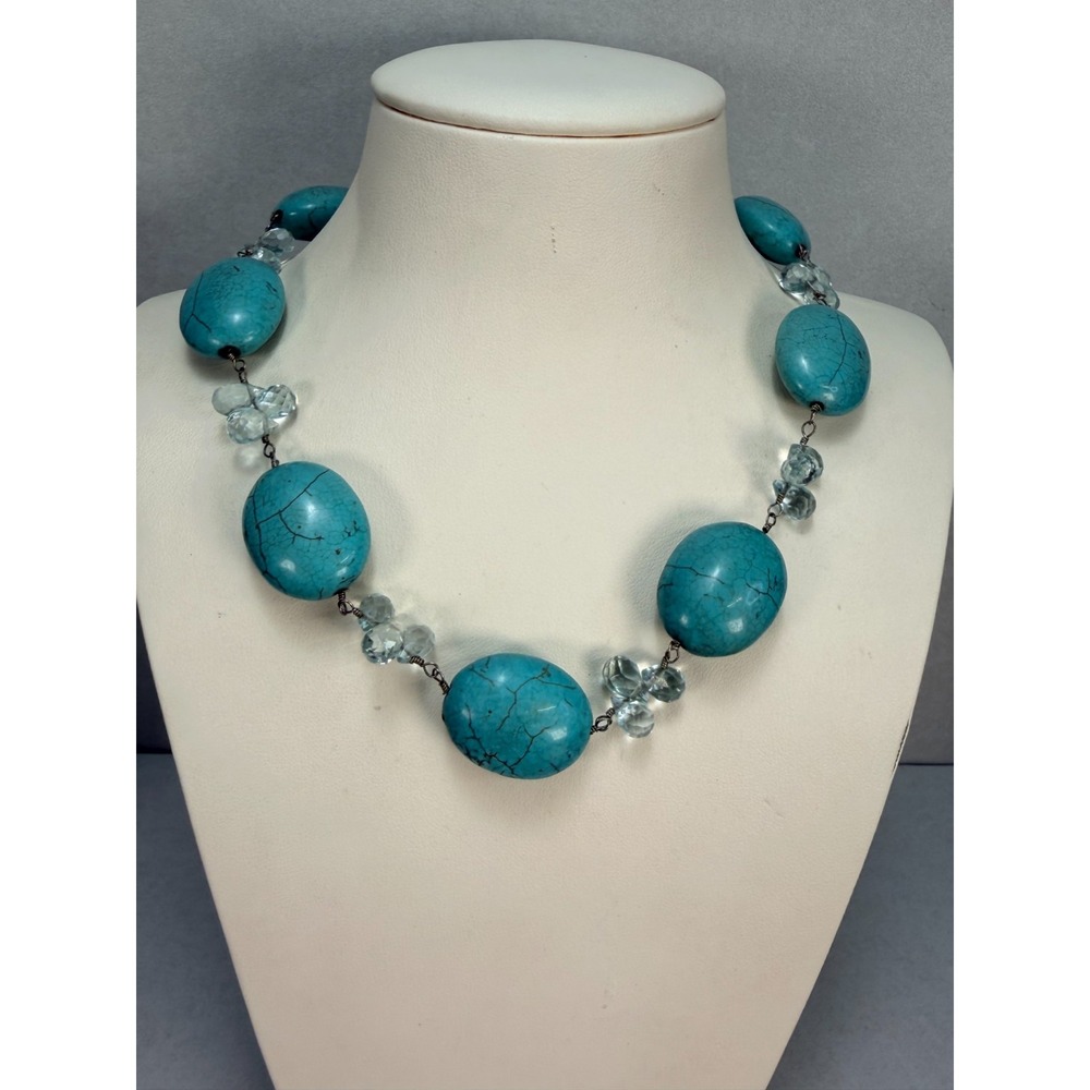 Verna Blackgoat Turquoise Stone Crystal Necklace Silver Clasp Large Oval Beads